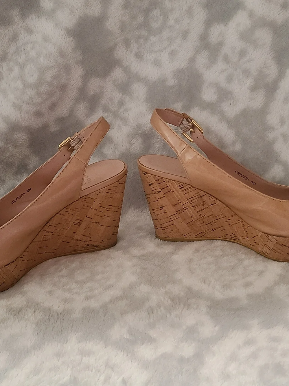Stuart Weitzman Nude Patent Peep-Toe Cork Wedge Slingback Heels Size 8 - Picture 8 of 12
